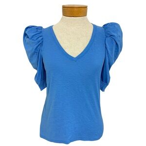 Nation LTD Celine Tee Blue S Small Smocked Puff Sleeve V-Neck Pima Cotton Blouse